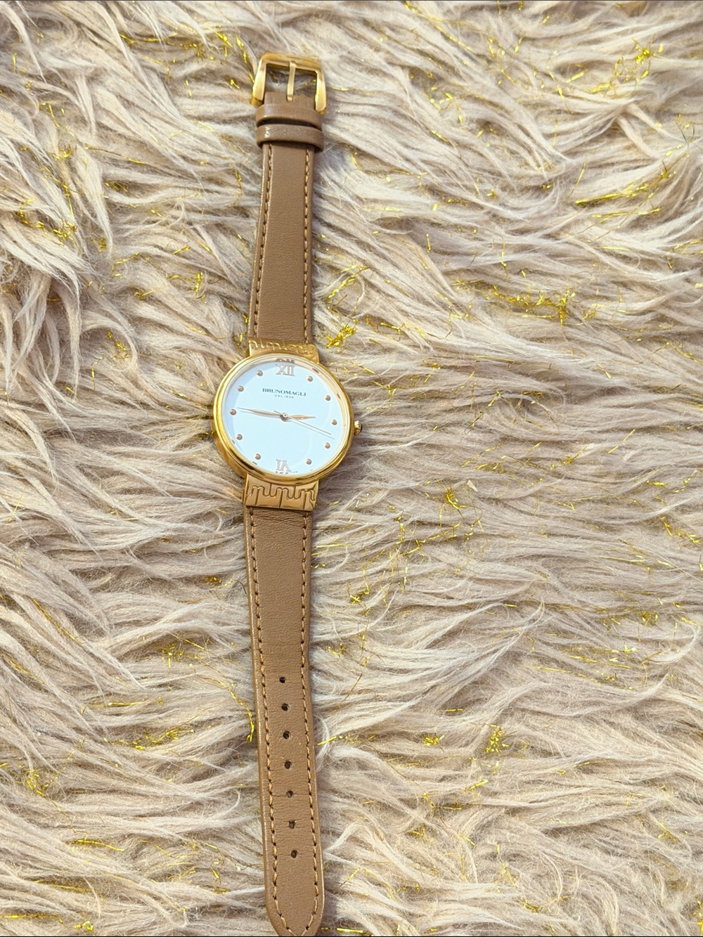 Bruno Magli Gold-Tone Watch with Brown Leather Strap Preloved
